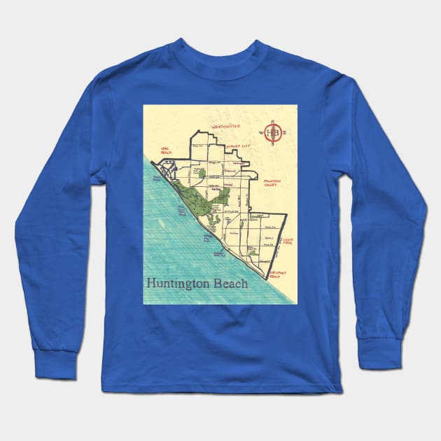 Huntington Beach Long Sleeve T-Shirt by PendersleighAndSonsCartography